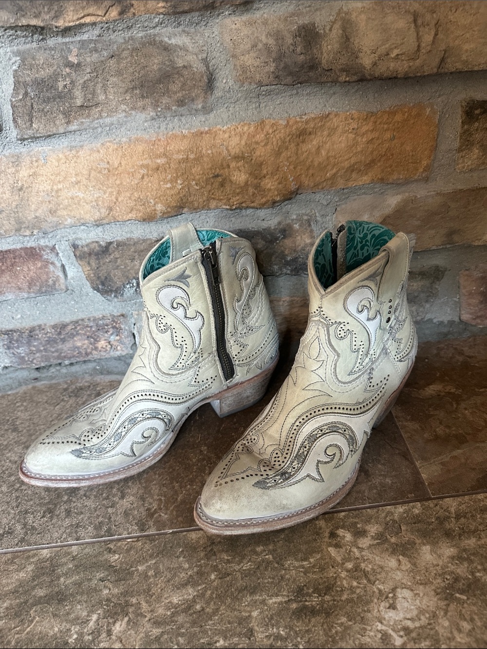 Cream Western Ankle Booties with Teal Interior